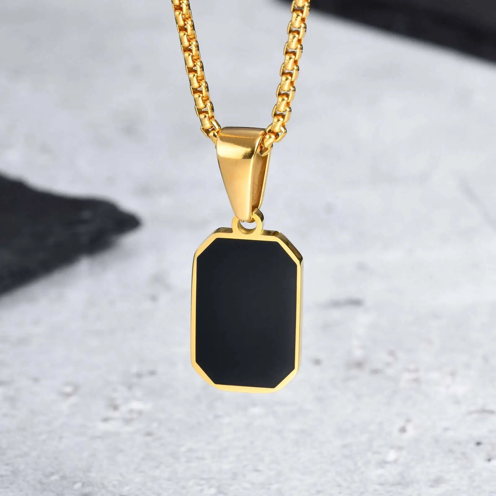 Men's Geometric Square Necklace | Black Enamel Rectangle Pendant with Rope Chain additional angle