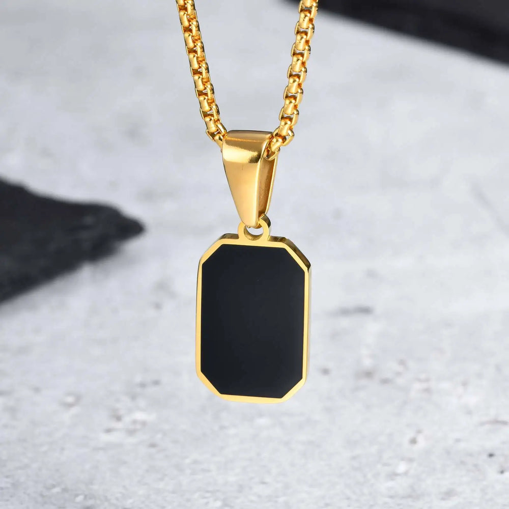 Men's Geometric Square Necklace | Black Enamel Rectangle Pendant with Rope Chain additional angle