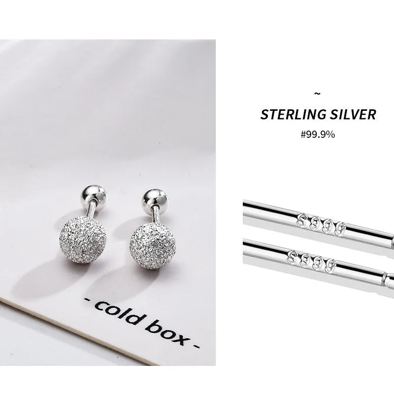 925 Sterling Silver Round Bead Double Stud Earrings for Girls Simple Screw Scrub Ball Fe detail view