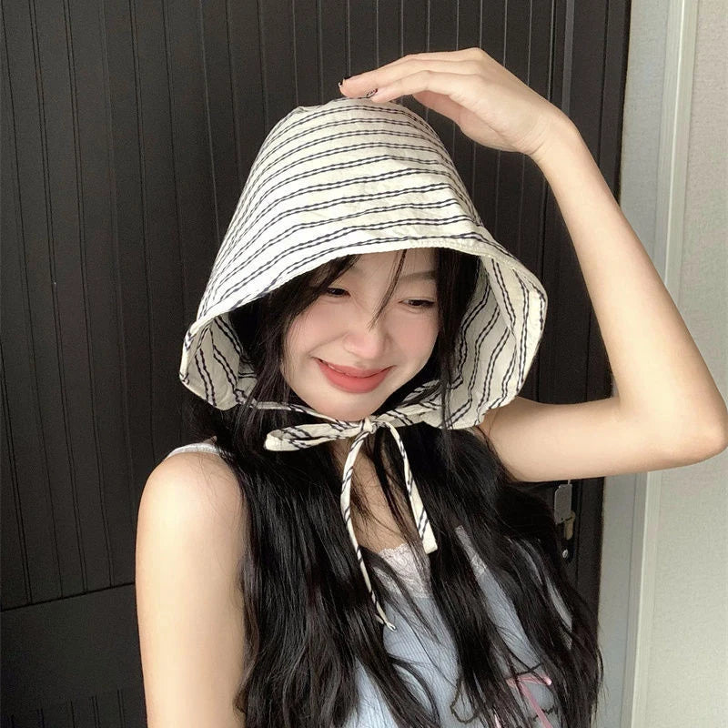 Women's Large Brim Foldable Bucket Hat with Chin Strap | Korean Style Striped Panama Sun Hat