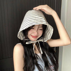 Women's Large Brim Foldable Bucket Hat with Chin Strap | Korean Style Striped Panama Sun Hat