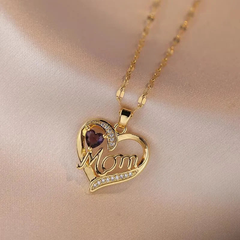 Crystal Heart Mama Necklace | Stainless Steel Pendant Jewelry for Mom lifestyle view