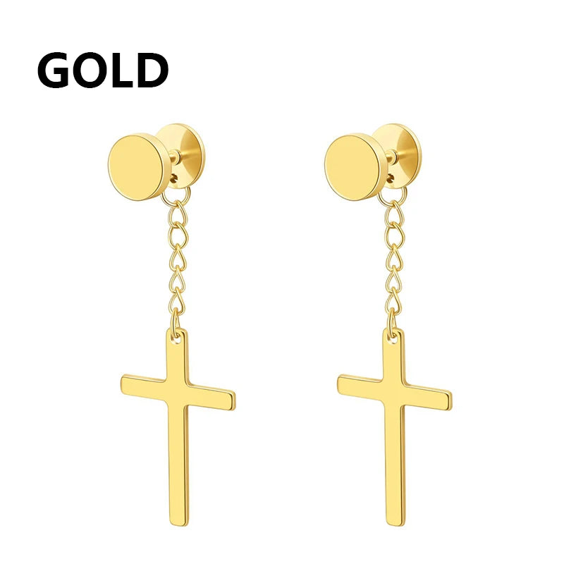 2pc Stainless Steel Men Cross Stars Punk Dangle Earrings Gothic Woman Cross Ear Hoop Ear detail view