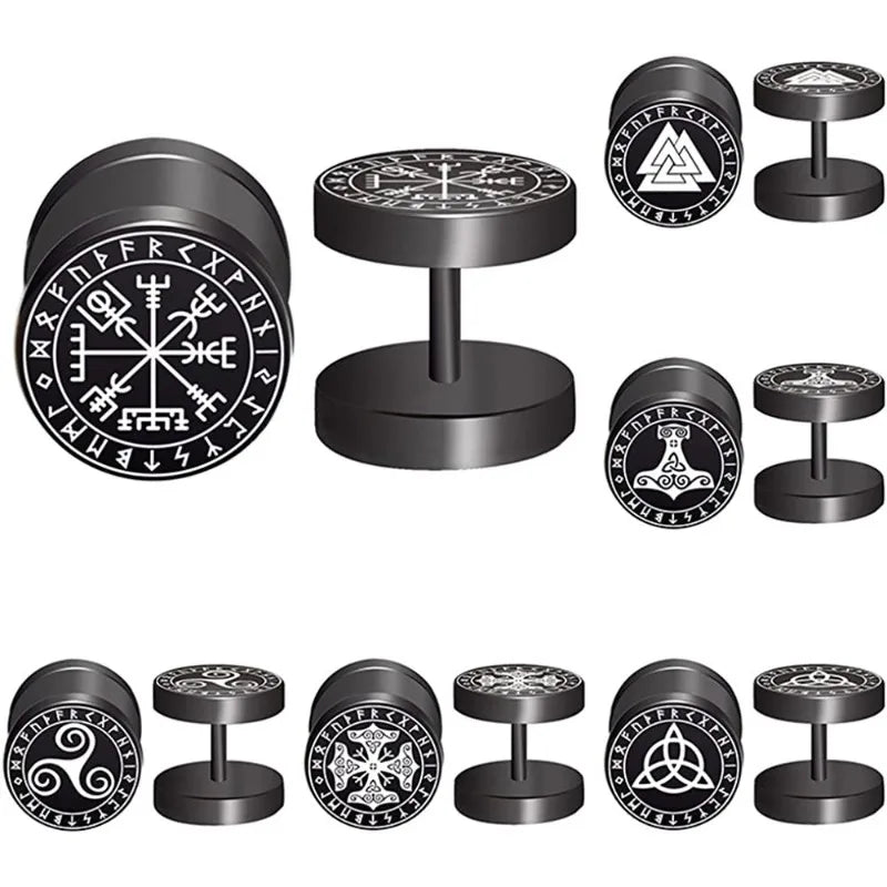 1Pair 18G Viking Rune Round Stud Earrings for Men Women, 316L Stainless Steel Cartilage Tragus Helix