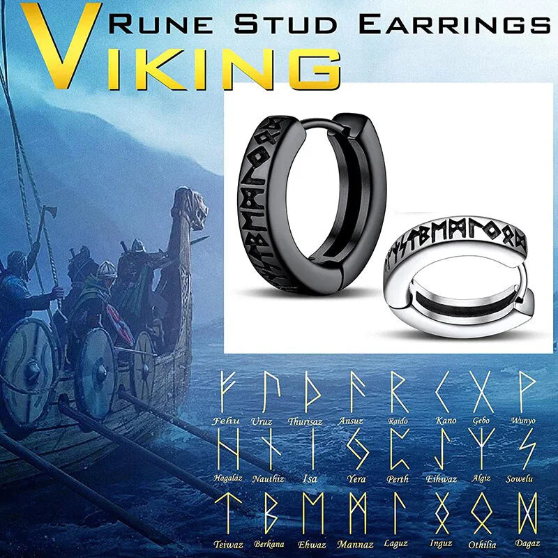 1Pair 12mm Norwegian Viking Rune Hoop Earrings | 316L Stainless Steel Huggie Hoop Earr close-up view