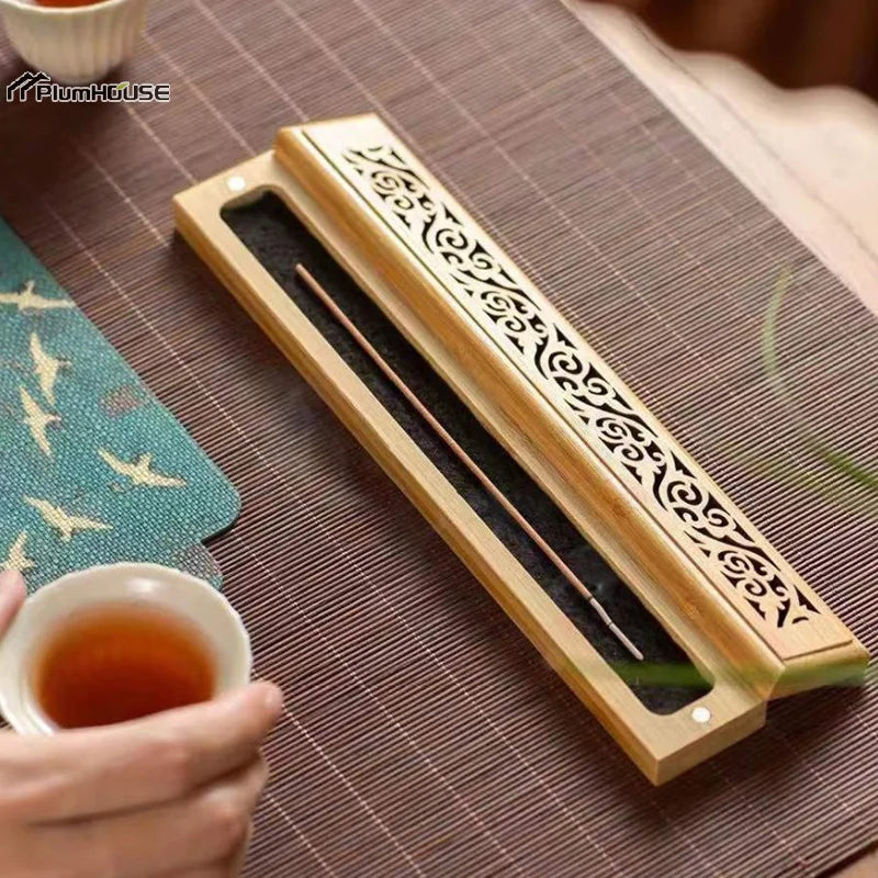 Natural Bamboo Incense Burner Holder with Storage Box | Aromatherapy Incense Tool detail view