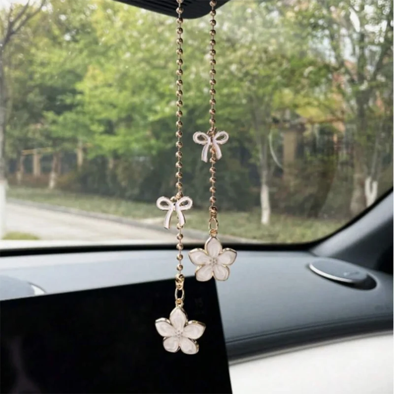Pink Sakura Flower Rearview Mirror Pendant with Gold Chain lifestyle view