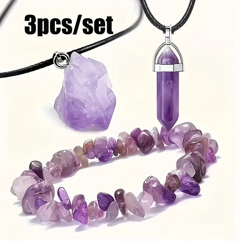 3Pcs Natural Amethyst Jewelry Set Irregular Chip Bracelet Raw Crystal Pendant Hexag additional angle