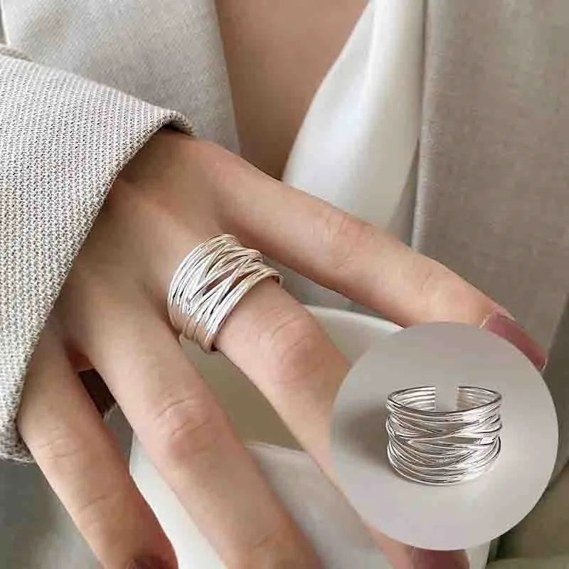 PANJBJ 925 Sterling Silve Multilayer Irregular Geometric Ring for Women Simple Charm R close-up view