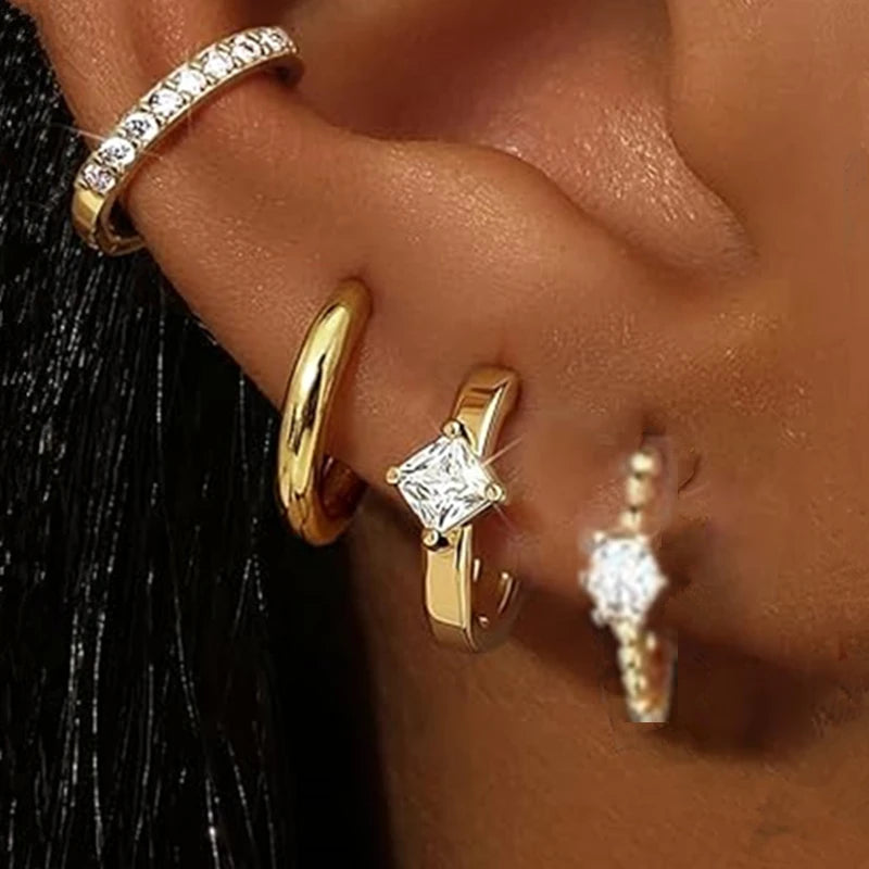 Huggie Hoop Earrings Set for Women | Crystal Zircon Tragus Cartilage Piercing Jewel additional angle