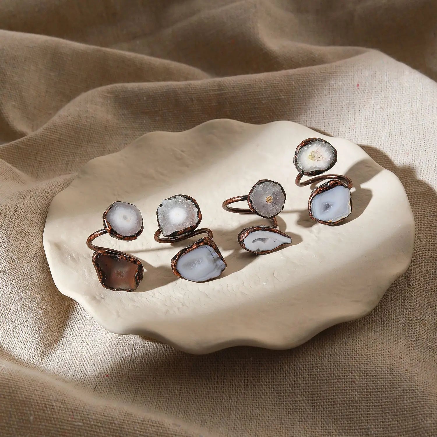 Irregular White Quartz Point Beads Bronze Handmade Rings Jewelry Women Natural Stone lifestyle view