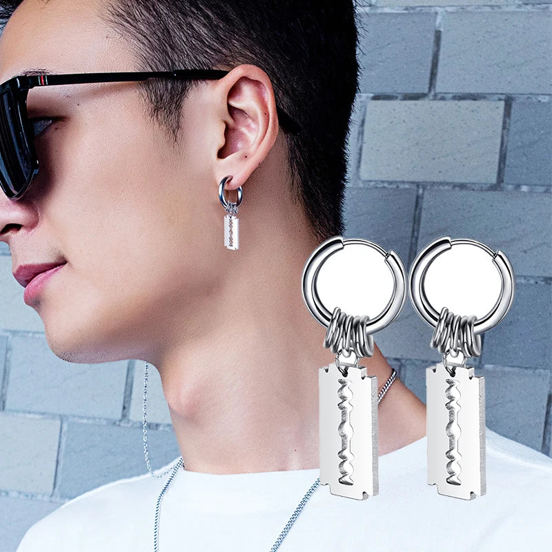 Vintage Razor Hollow Drop Earrings | Stainless Steel Punk Dangle Earrings for Men and close-up view