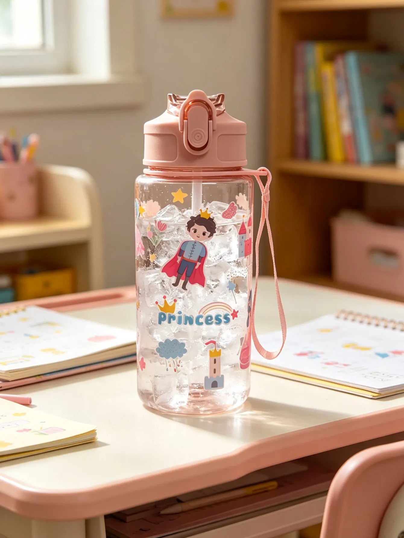 1 Piece 500ml (19 fl oz) Cartoon Printed Straw Cup, Summer Plastic Water Bottle, BPA lifestyle view