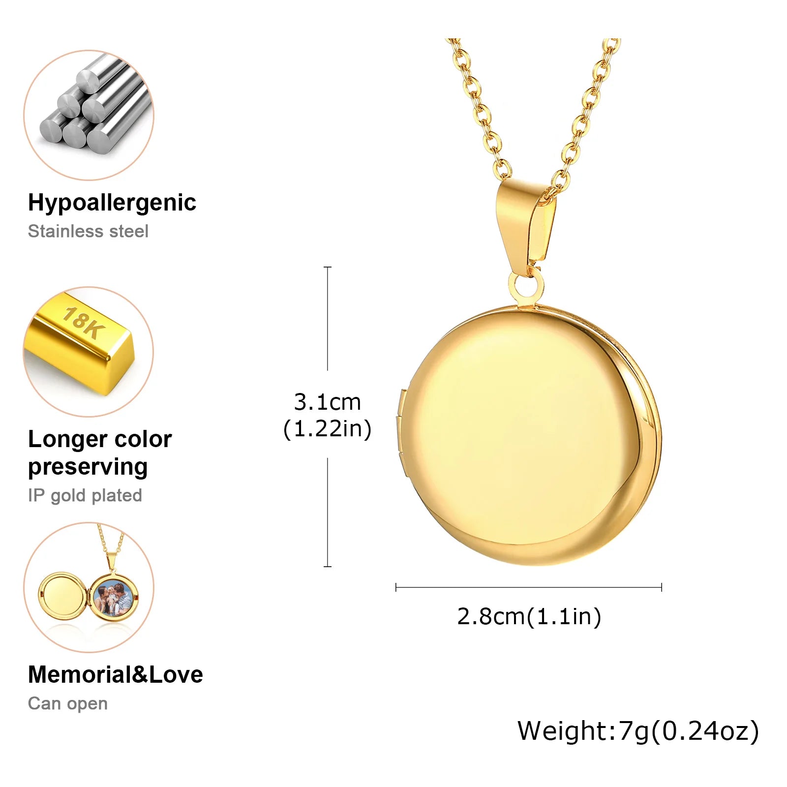 Vnox Light Heart Locket Pendants for Women Men Openable Photo Frame Glossy Stainles additional angle