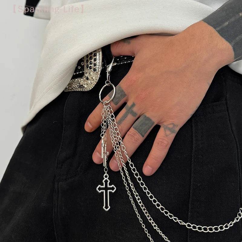 Retro Punk Cross Pendant Waist Chain | Unisex Hip Hop Jeans Keychain Accessory detail view