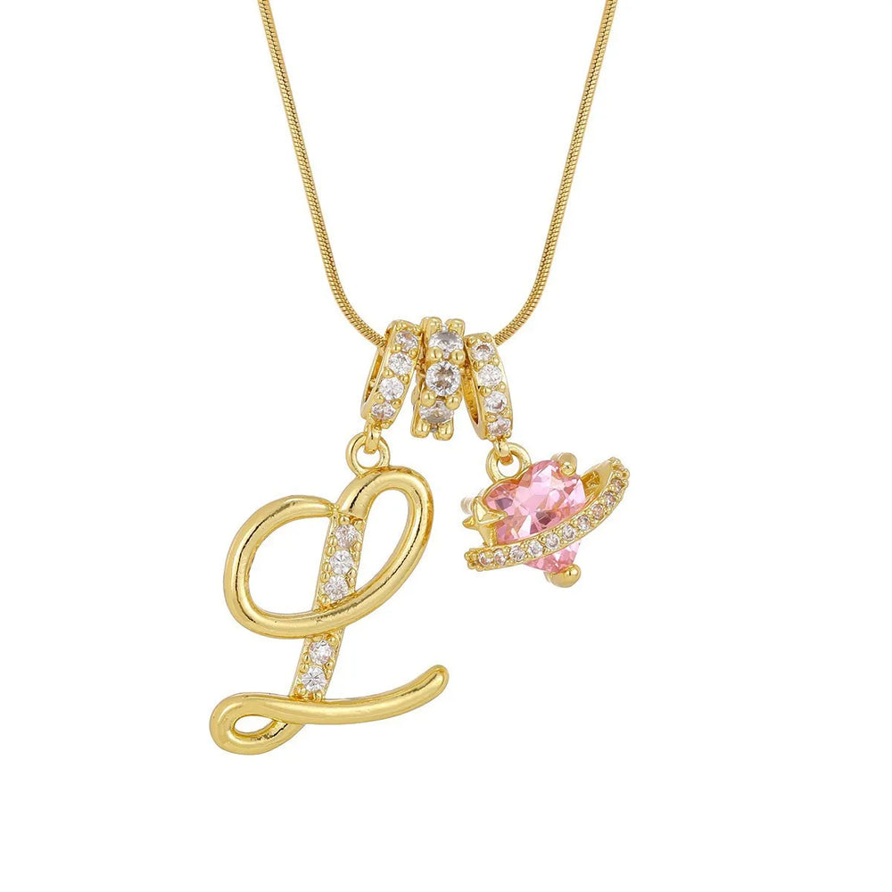 Fashion Letter Necklace for Women Pink Zircon Heart-shaped Pendant Suitable for Girls lifestyle view