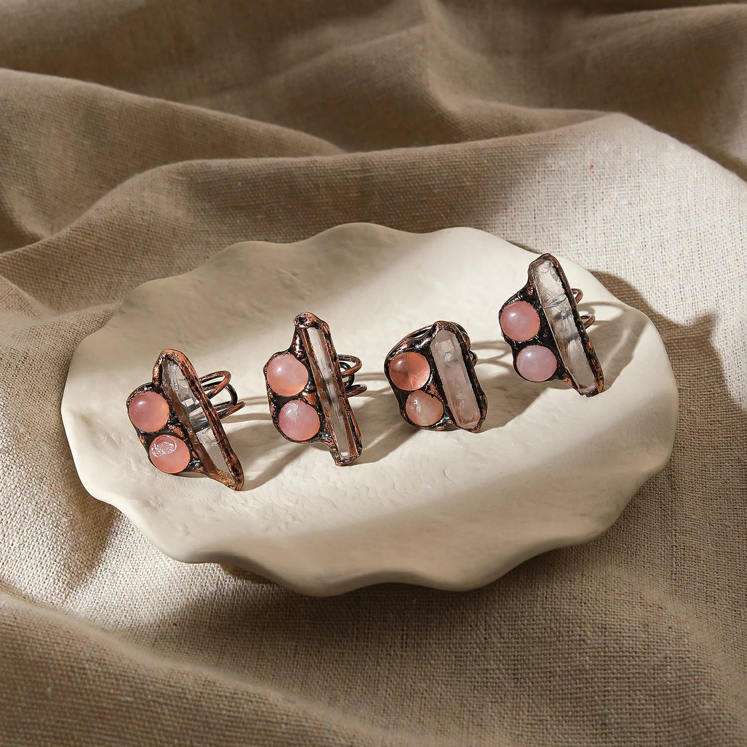 Irregular White Quartz Point Beads Bronze Handmade Rings Jewelry Women Natural Stone Adj detail view