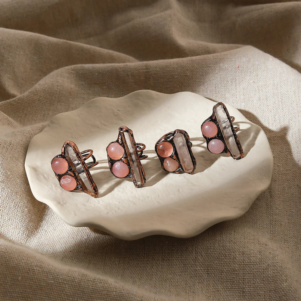 Irregular White Quartz Point Beads Bronze Handmade Rings Jewelry Women Natural Stone Adj detail view