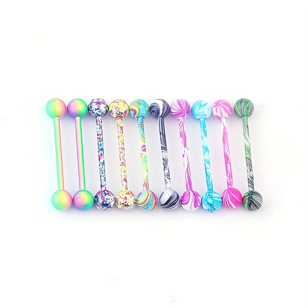 10pcs/set Tongue Rings Barbells Piercing Colorful Stainless Steel Ball Tongue Rings Ba close-up view