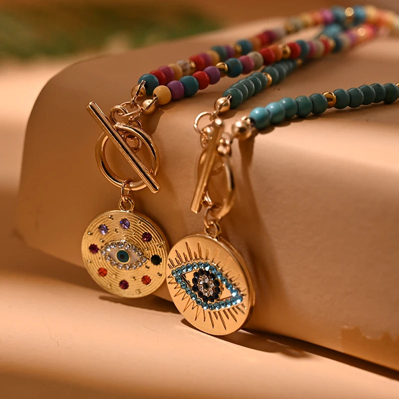Colorful Stone Choker Necklace | Round Evil Charm Pendant for Women detail view