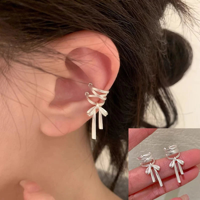 PANJBJ 925 Sterling Silver Bow Knot Earring for Women Texture Tassels Sweet Romantic alternate view