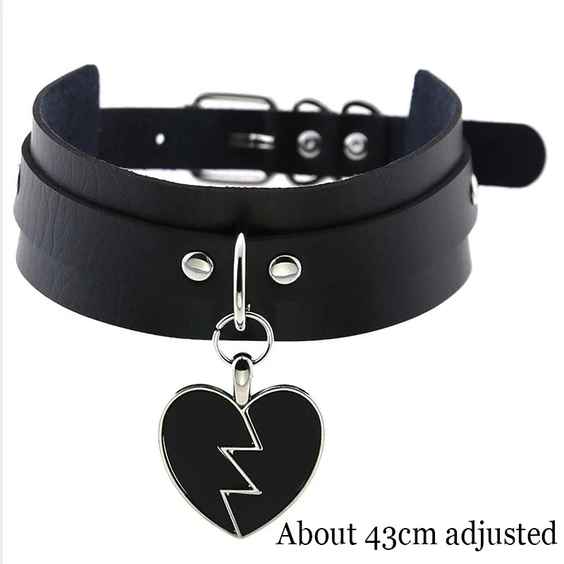 Gothic Bat Heart Lock Punk Choker | Black Leather Collar Necklace close-up view