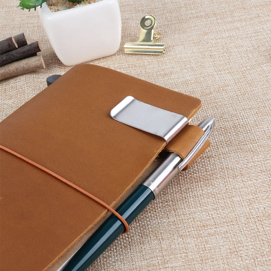 Handmade Leather Brass Stainless Steel Pen Holder Clip Journal Notebook Paper Folder lifestyle view