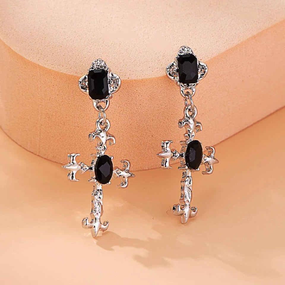 Yupsk Punk Fashion Black Crystal Stone Cross Drill Drop Earring for Women Girls Hallo lifestyle view