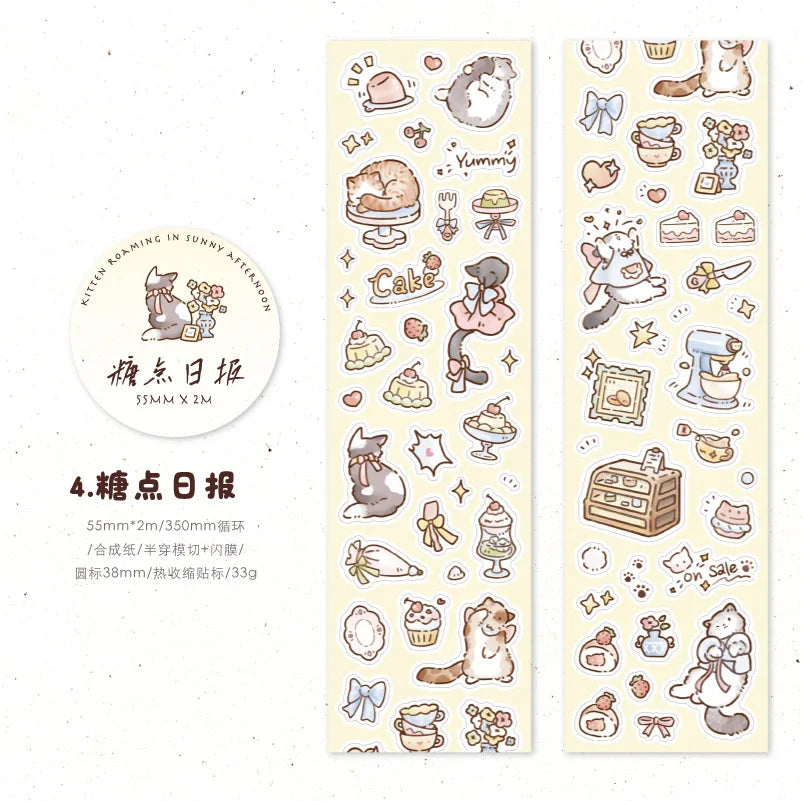 Mr. Paper, 4 Styles, Flash Film Die-cutting Tape, Cute Cat Cartoon Stickers DIY Collage Decoration Illustration Sticker Tape