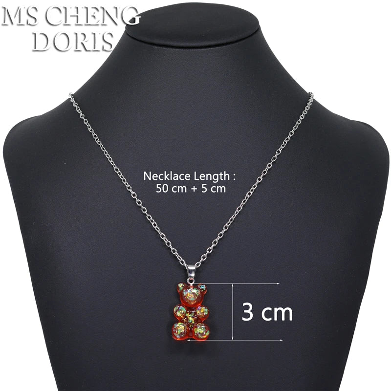 Handmade 33 Styles Colors Cute Resin Gummy Bear Chain Necklaces, Candy Color Pendant For detail view
