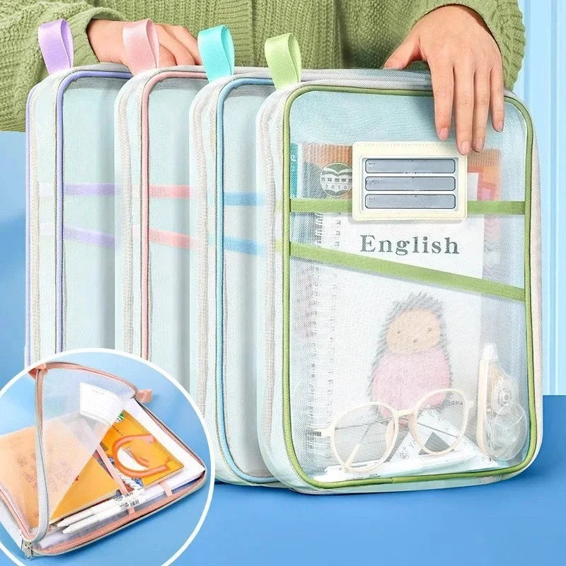 Stationery Storage Bag Double-layer Mesh Zipper Bag Large Capacity Organizer Folders School Office