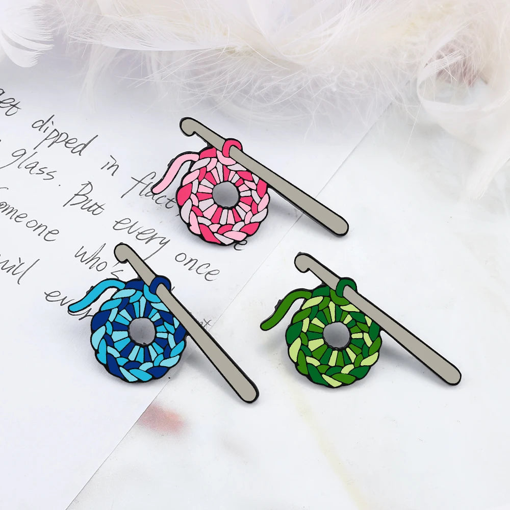 Knitting Wool Ball Enamel Pin Red Green Blue Crochet Hook Sweater Brooches Clothes Bag close-up view