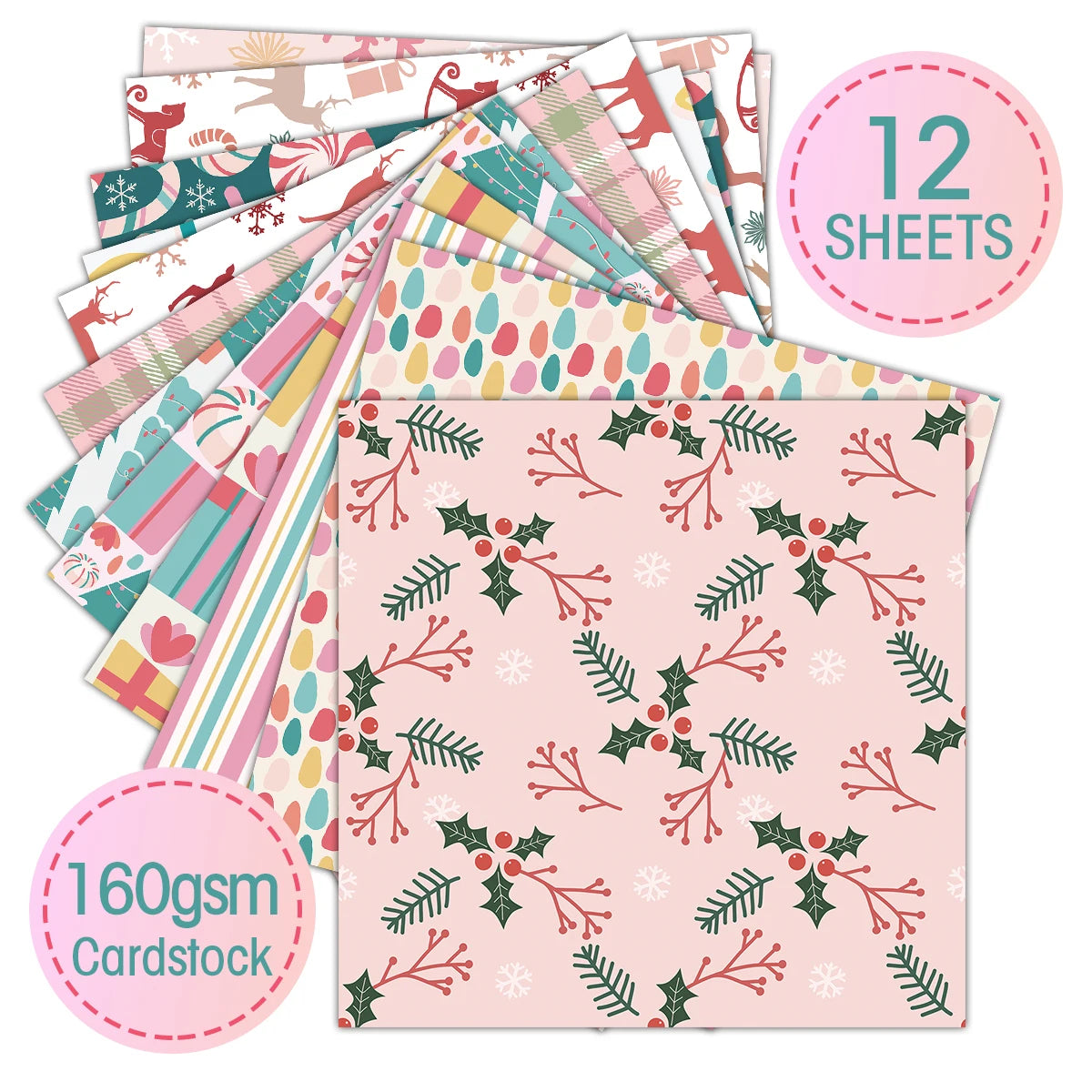 Pink Christmas Scrapbook Paper Pad | 12 Sheets Decorative Craft Papers close-up view