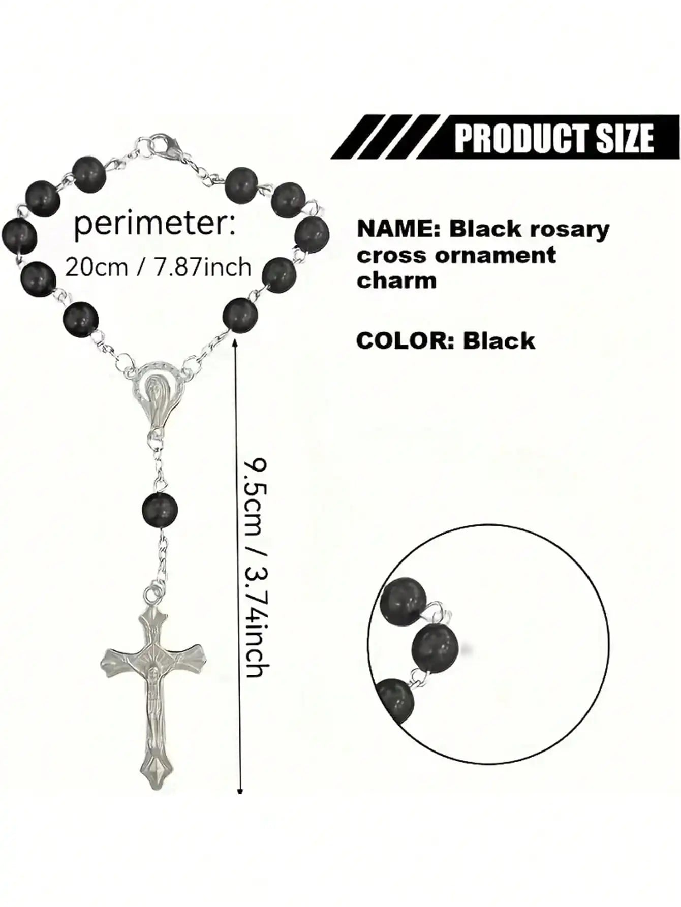 Black Rosary Cross Car Rearview Mirror Pendant, Exquisite Beaded Ornament, Car Interio close-up view