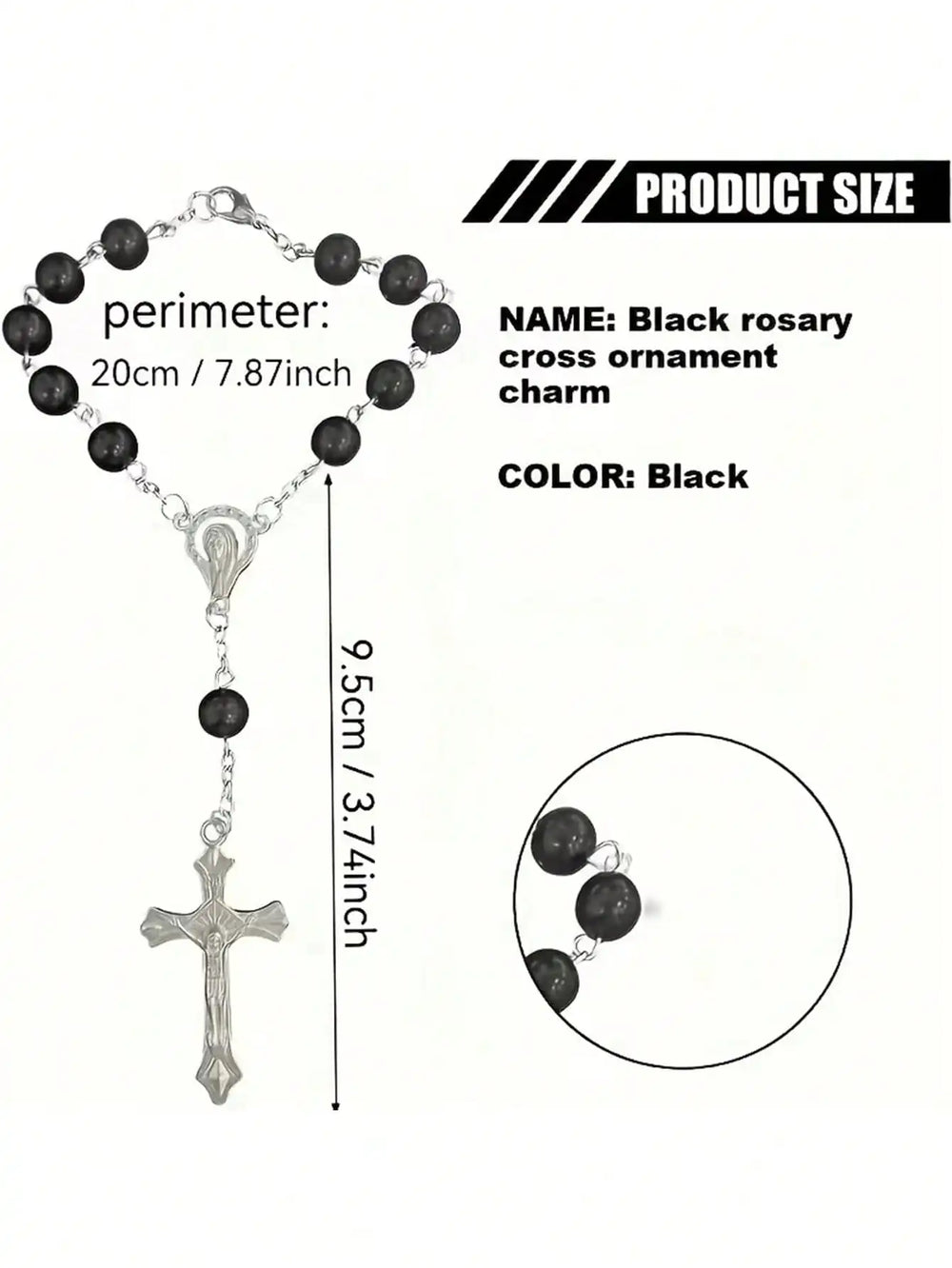 Black Rosary Cross Car Rearview Mirror Pendant, Exquisite Beaded Ornament, Car Interio close-up view