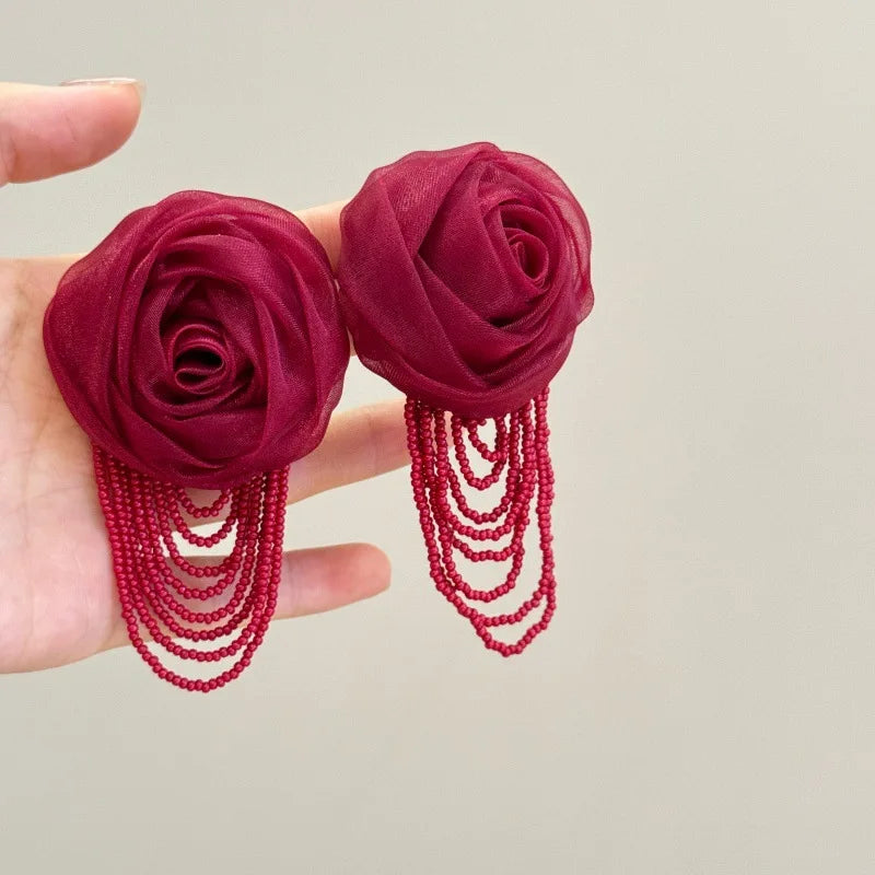 Fairy Mesh Rose Drop Earrings | Handmade Boho Tassel Jewelry lifestyle view