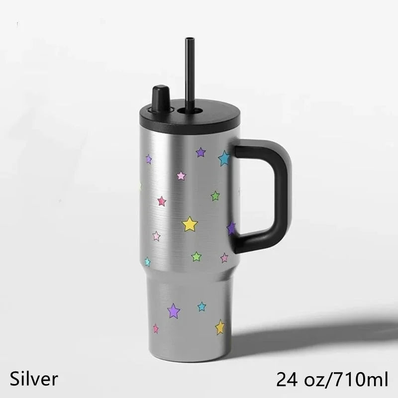 24oz Portability Tumbler with Handle Straw Lid Large Volume Stainless Steel Vacuum In alternate view