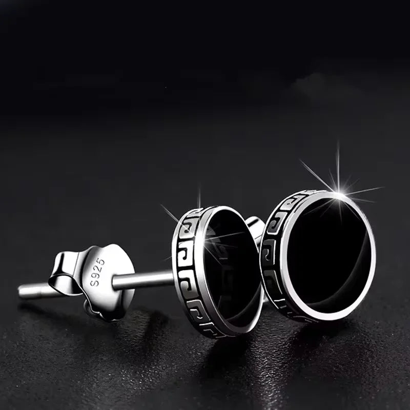 925 Silver Earrings Men Black Circle Single Simple Luxury Earring lifestyle view