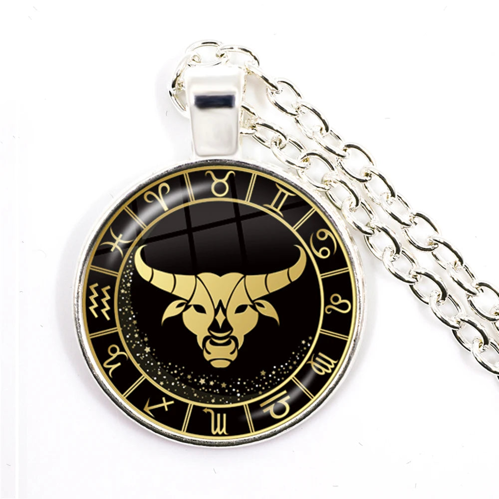12 Constellation Zodiac Pendant Necklace | Antique Bronze Glass Dome Jewelry alternate view