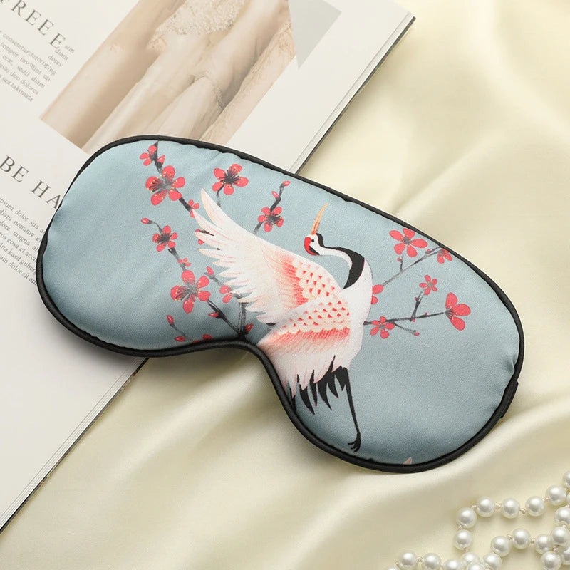 Imitated Silk Sleeping Eye Mask with Crane Print | Adjustable Blindfold for Travel an lifestyle view