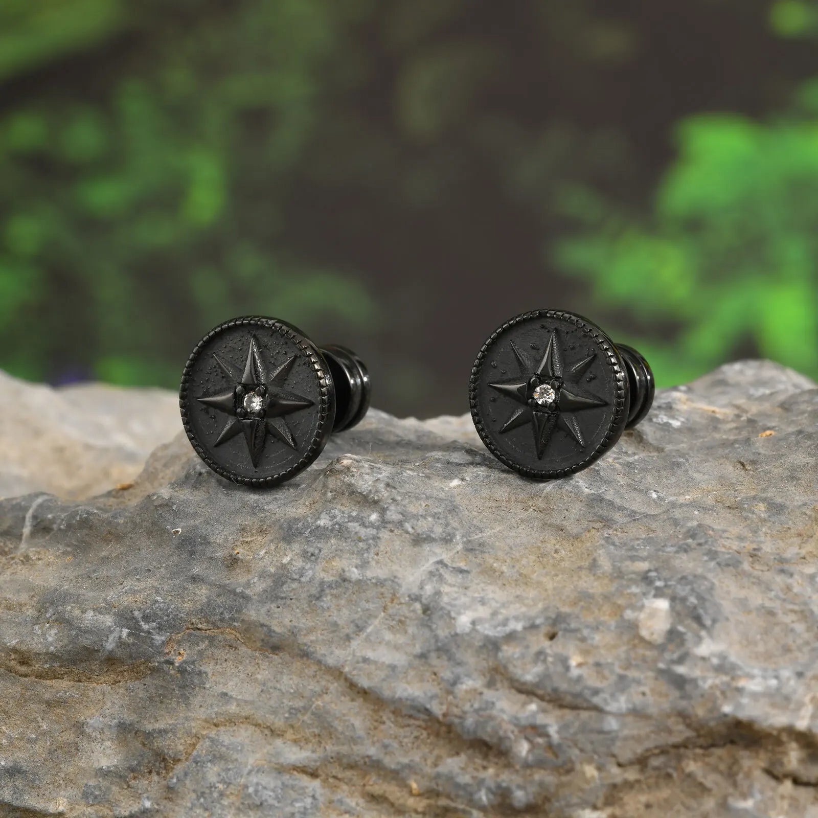 Nautical Compass Star Stud Earring for Men Boys,Black Circle Compass with White Zircon E detail view