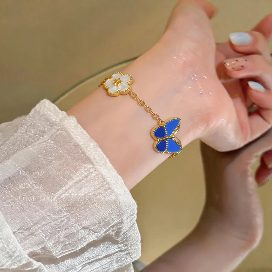 Blue Dripping Oil Butterfly Bracelet for Women Fritillary Flower Leaf