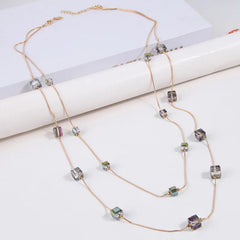 Gold Square Bead Sweater Chain Necklace | Double Layer Glass Pendant Jewelry for Women close-up view