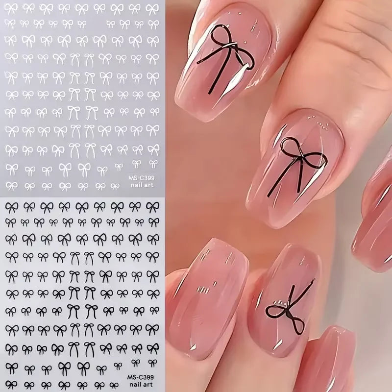 1/2pcs Black White Pink Mini Bowknot Design Nail Art Sticker Self Adhesive Lace Ribbon close-up view