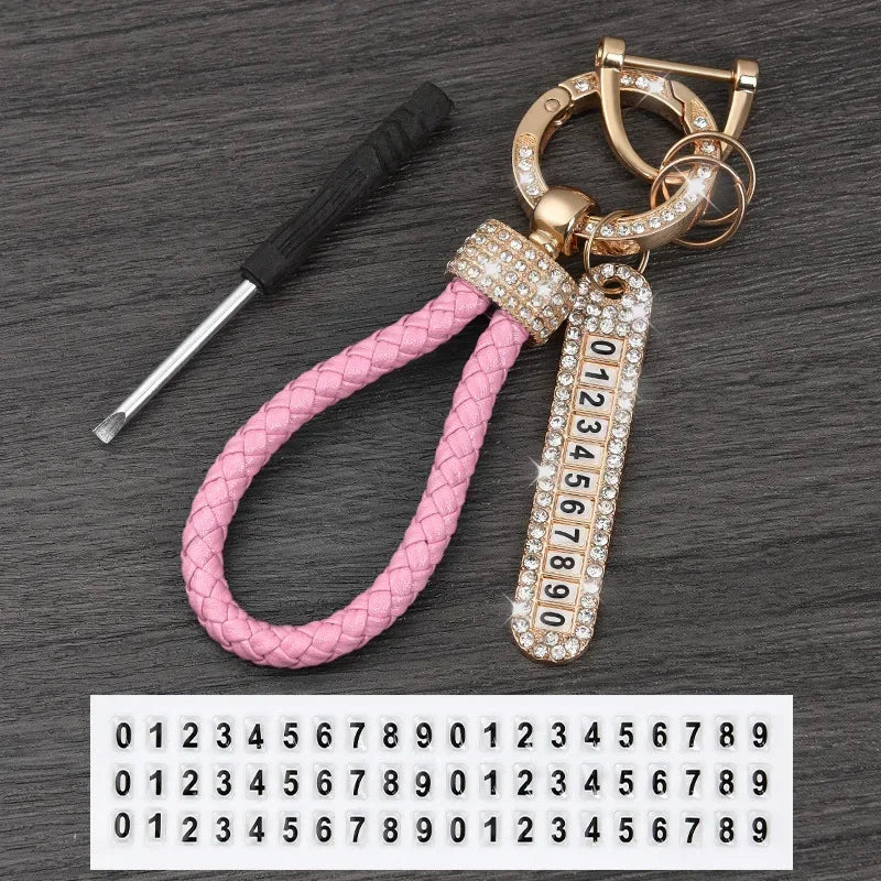 Leather Braided Keychain with Phone Number Card | Anti-Lost Car Key Holder detail view