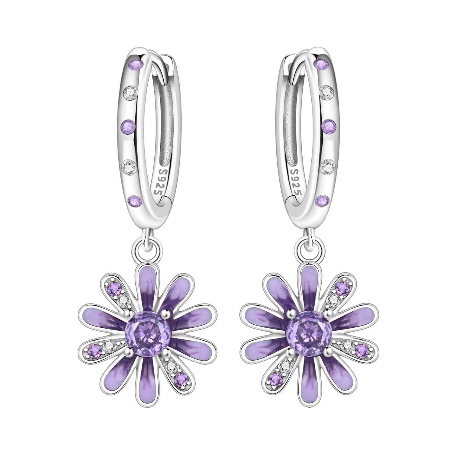 925 Sterling Silver Purple Flowers Plants Leaf Series Blue Iris Flower Earring Hoop Earr detail view
