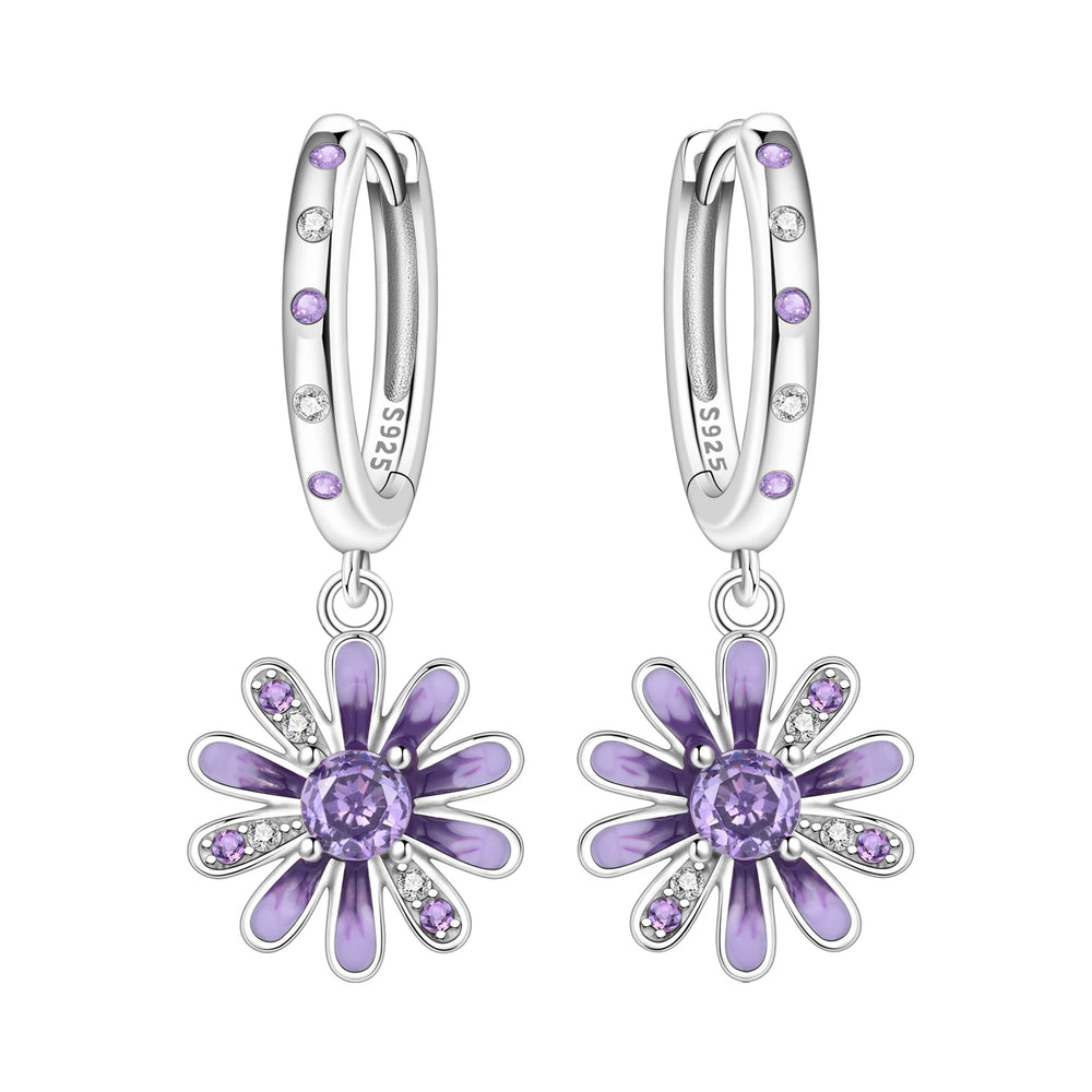 925 Sterling Silver Purple Flowers Plants Leaf Series Blue Iris Flower Earring Hoop Earr detail view