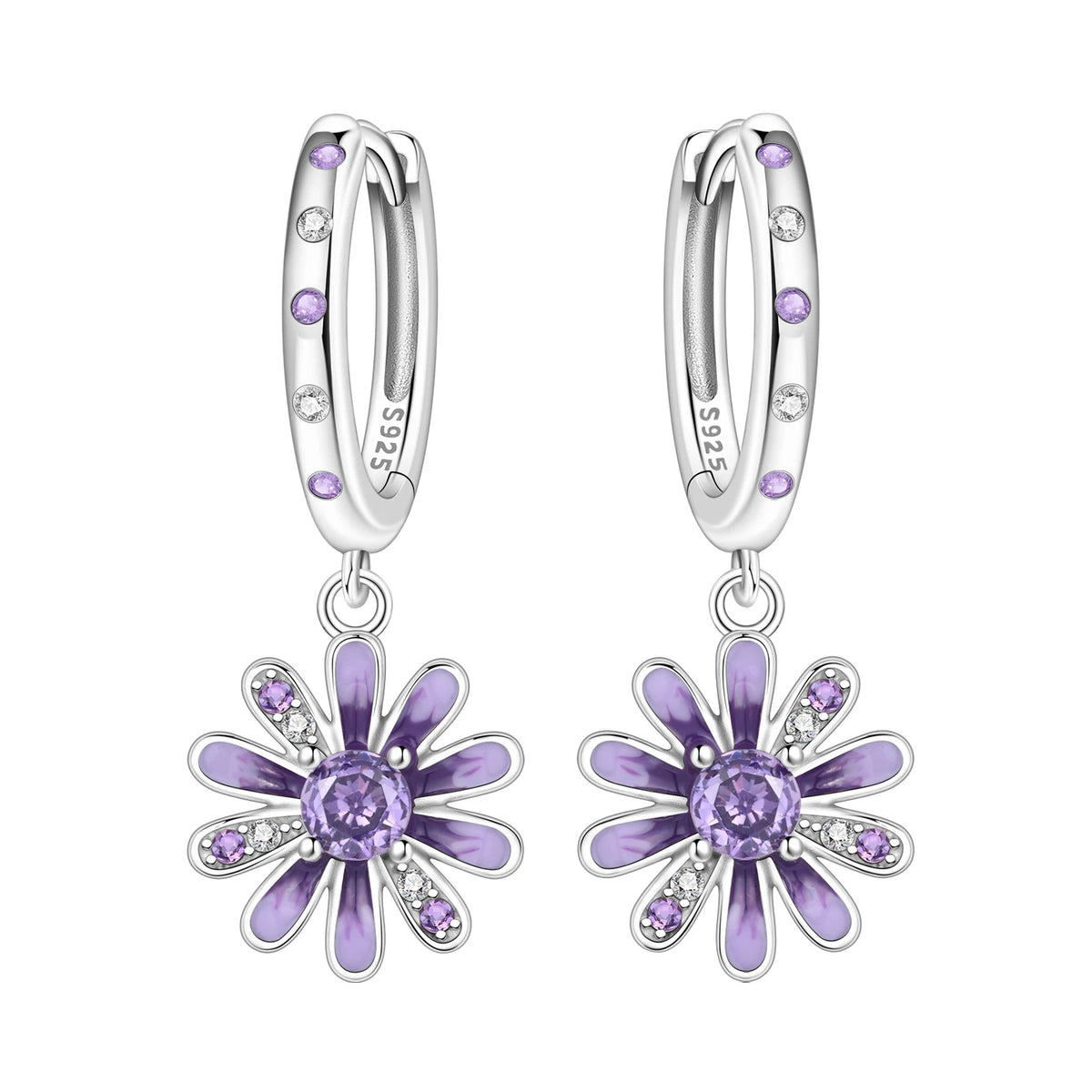 925 Sterling Silver Purple Flowers Plants Leaf Series Blue Iris Flower Earring Hoop Earr detail view