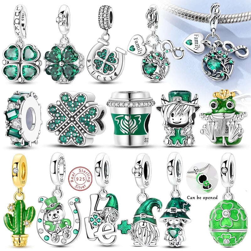 925 Sterling Silver Pendant Charms Beads Green Four-leaf Clover Love Family Tree Charms Fit Original