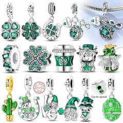 925 Sterling Silver Pendant Charms Beads Green Four-leaf Clover Love Family Tree Charms Fit Original
